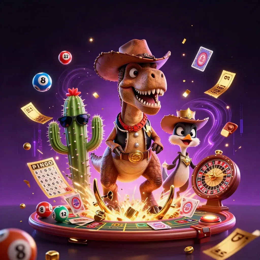 Cowboy T-Rex, cactus sidekick, and sheriff roadrunner amid casino lights and flying treasure.
