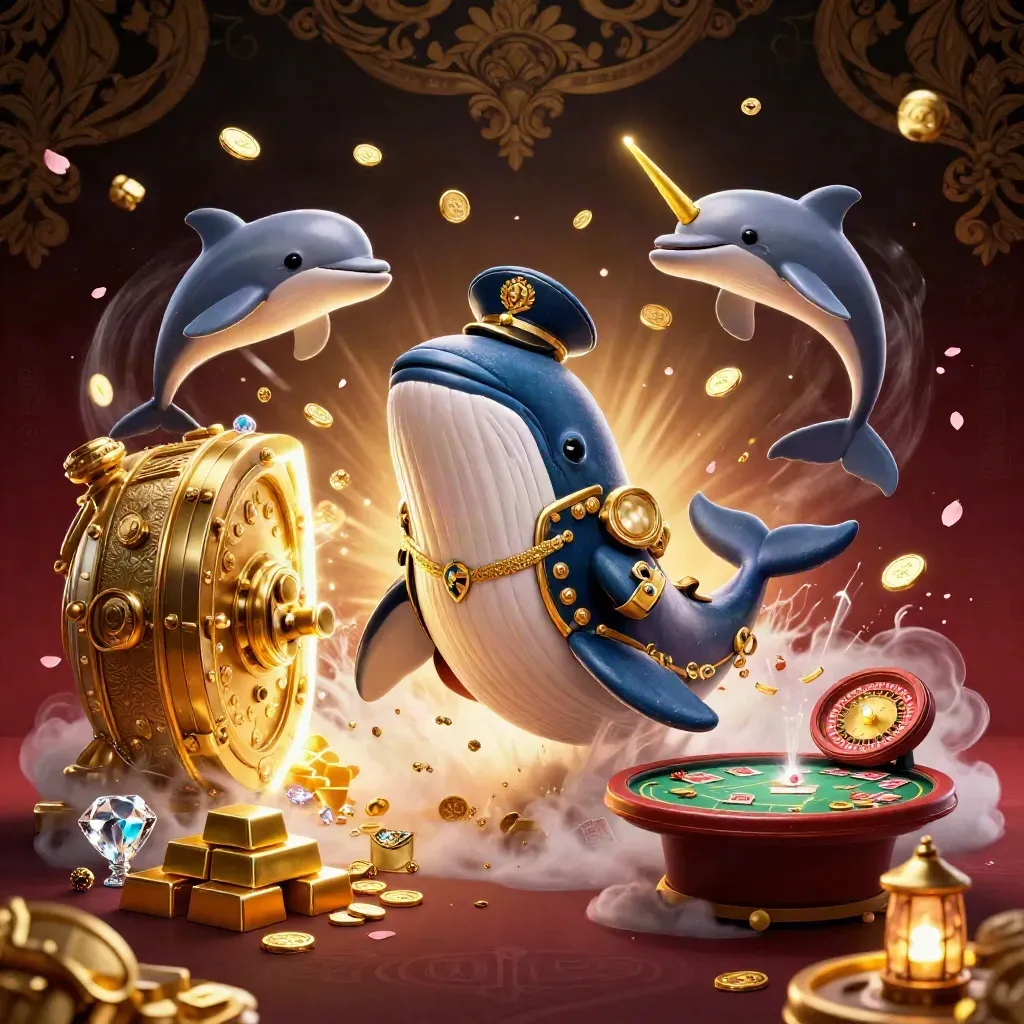 Whale, narwhal and dolphins burst through coins beside a glowing vault and casino table.