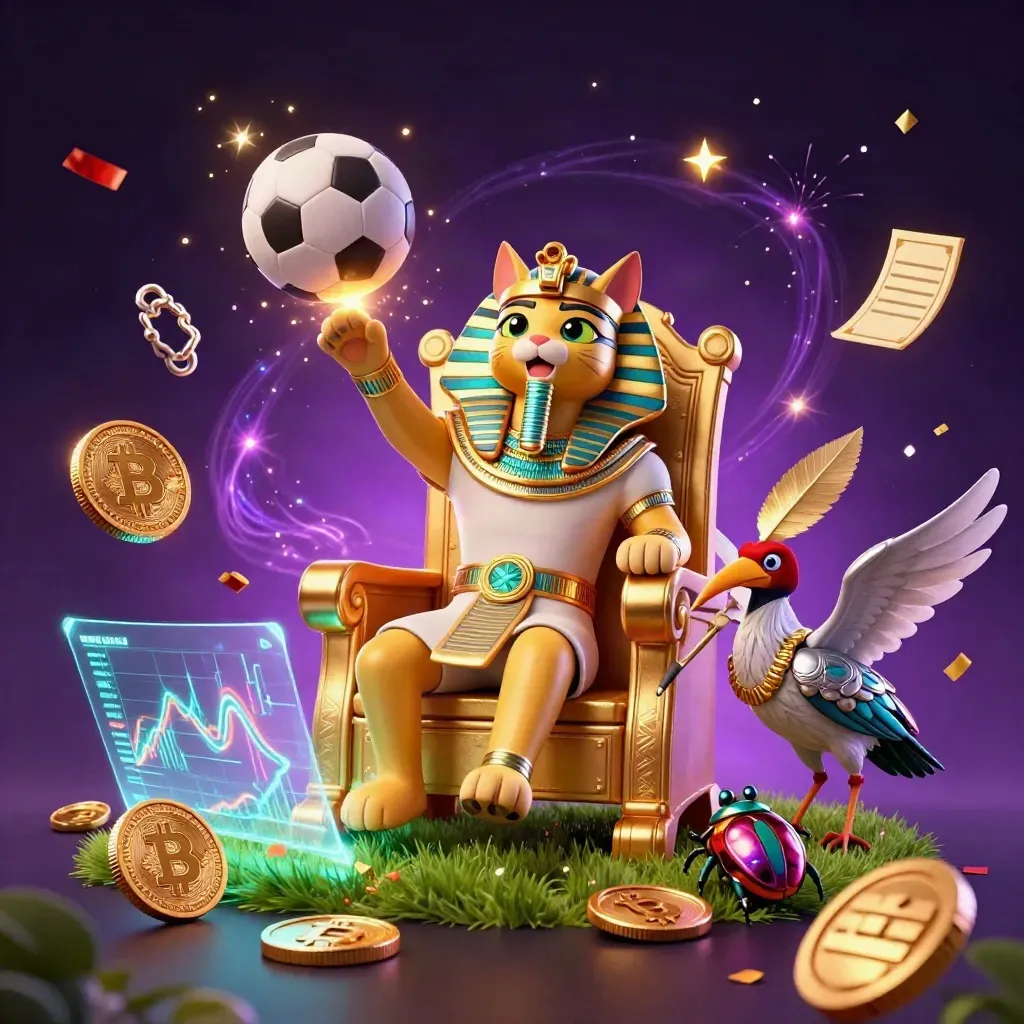 Pharaoh cat on gold throne with ibis, scarabs, coins, balls, lightning, and casino glow.