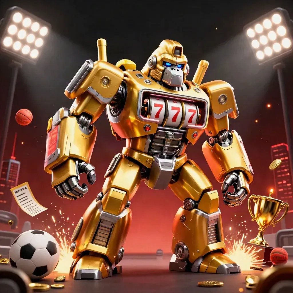 Golden gorilla slot-mech with a tiny monkey pilot, sports balls, coins and trophy in a night-city blast.