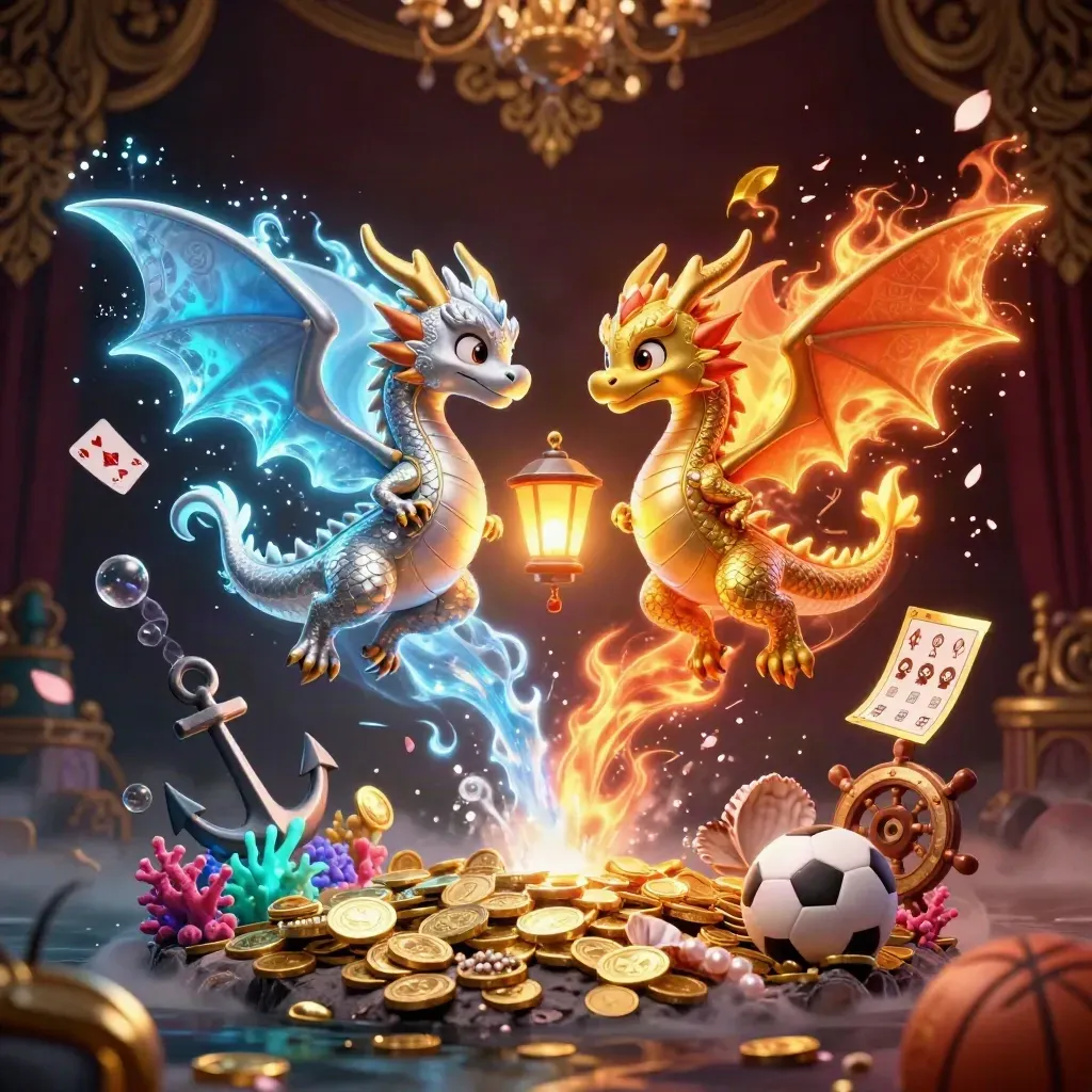 Gold and silver dragons swirl with coins, cards, balls, coral, and lantern light in a luxe casino scene.