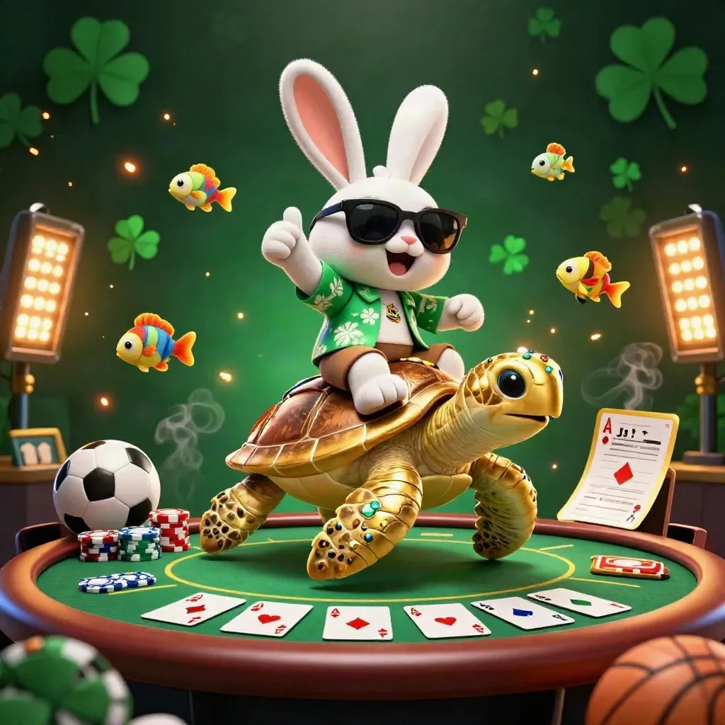 Lucky rabbit on gold sea turtle amid poker chips, aces, and sports balls in a casino burst.