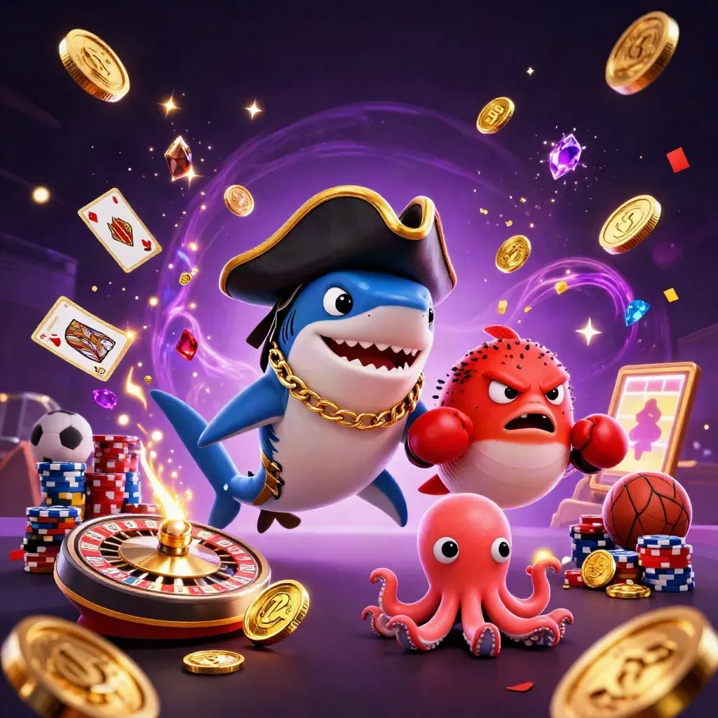 Pirate shark, pufferfish, and octopus explode through gold coins and casino lights.