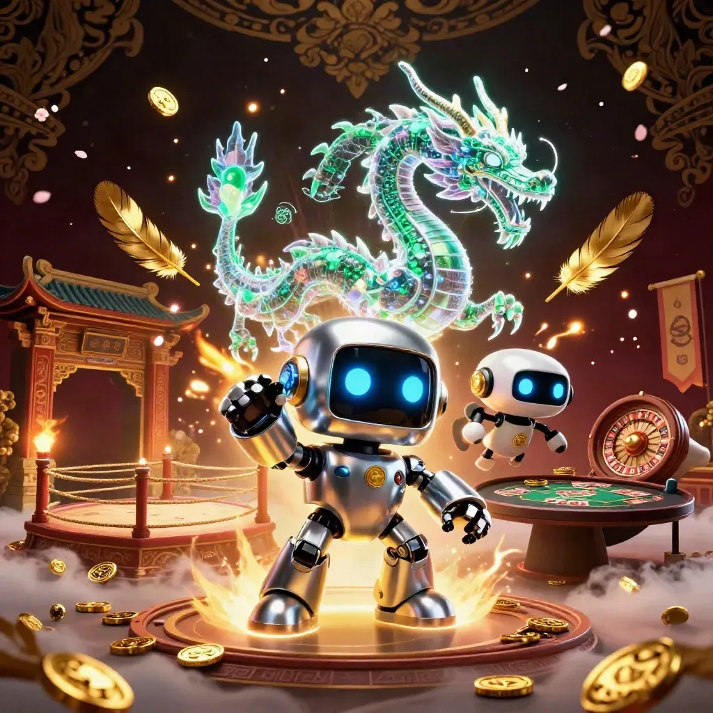 Cyberpunk robot, holographic dragon, and coin drone in a luxe casino-temple scene with gold smoke and chandeliers.