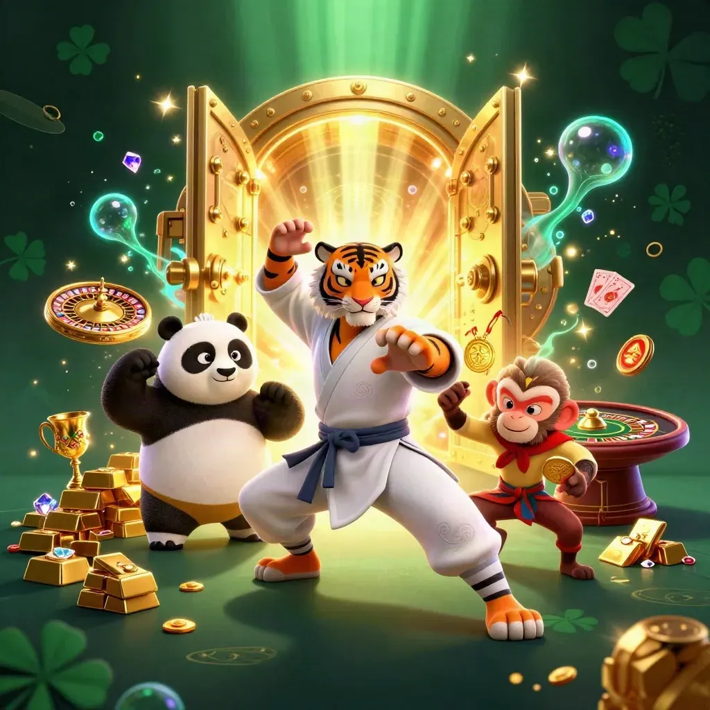 Kung-fu tiger, panda, and monkey amid a vault, gold, roulette, and glowing casino lights.