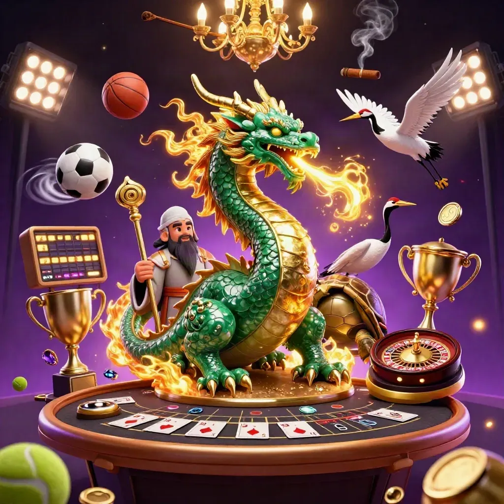 Emerald dragon, turtle sage, and cranes amid casino lights, roulette, sports balls, and gold treasure.