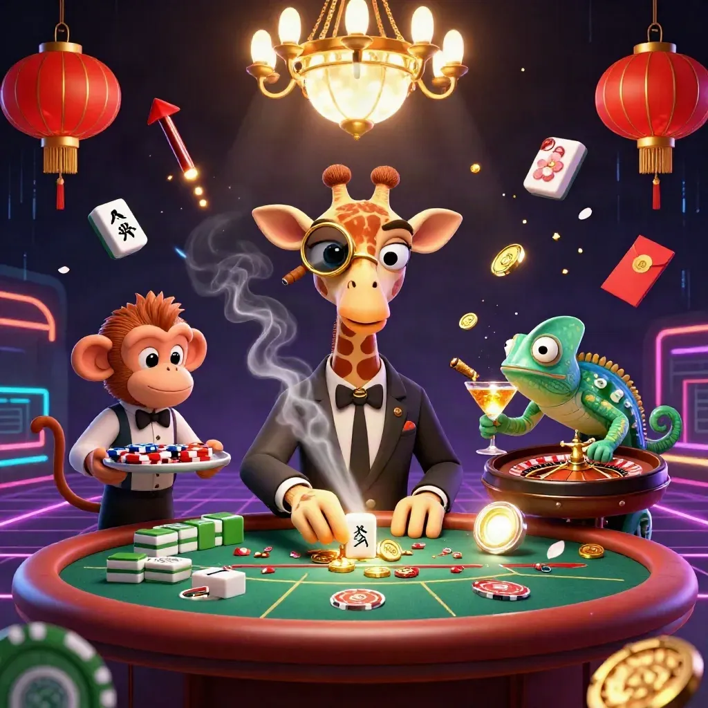 Giraffe, monkey valet, and chameleon bartender in a luxe gold casino scene with neon accents.
