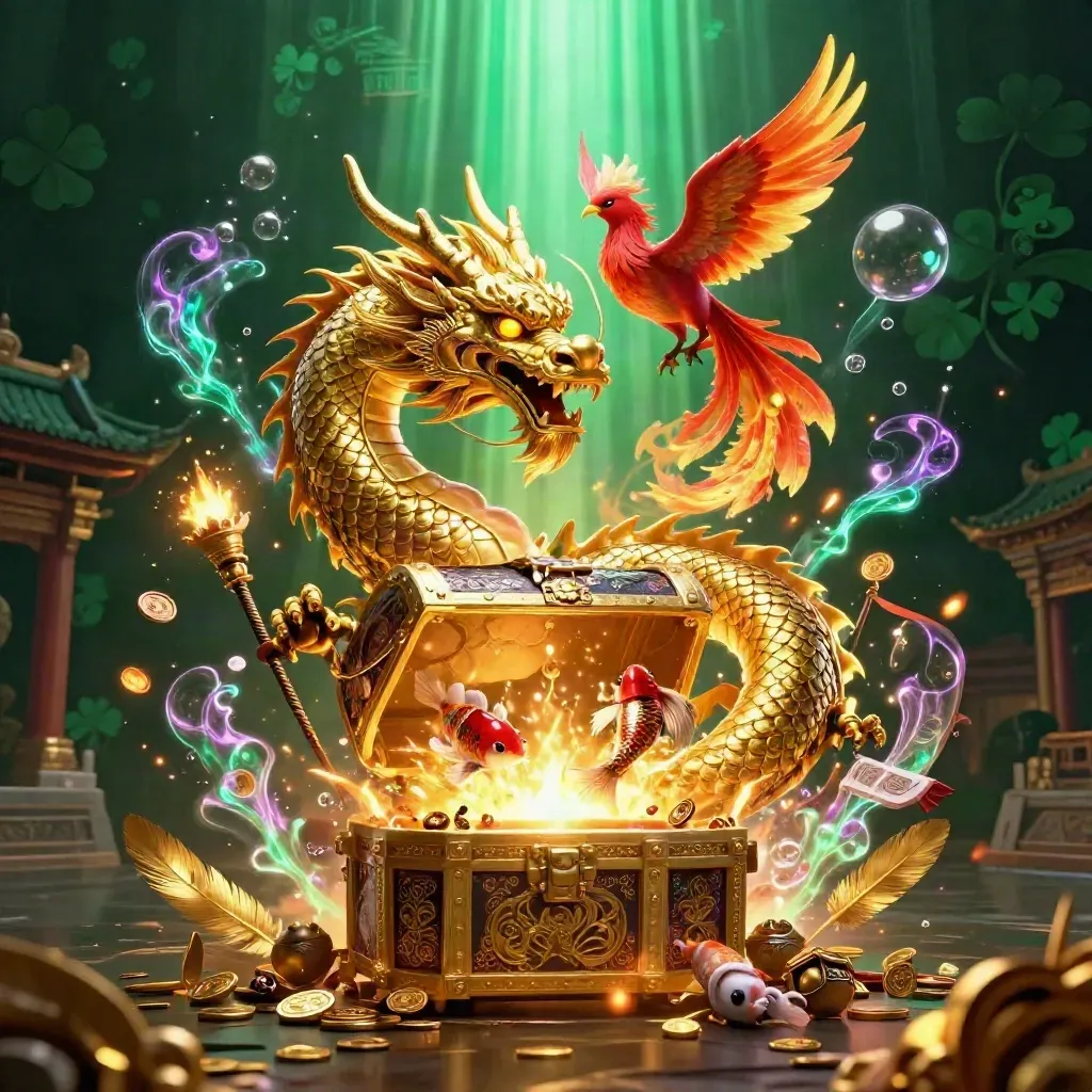 Golden dragon, red phoenix, and koi burst around a treasure chest in luxe casino fantasy art