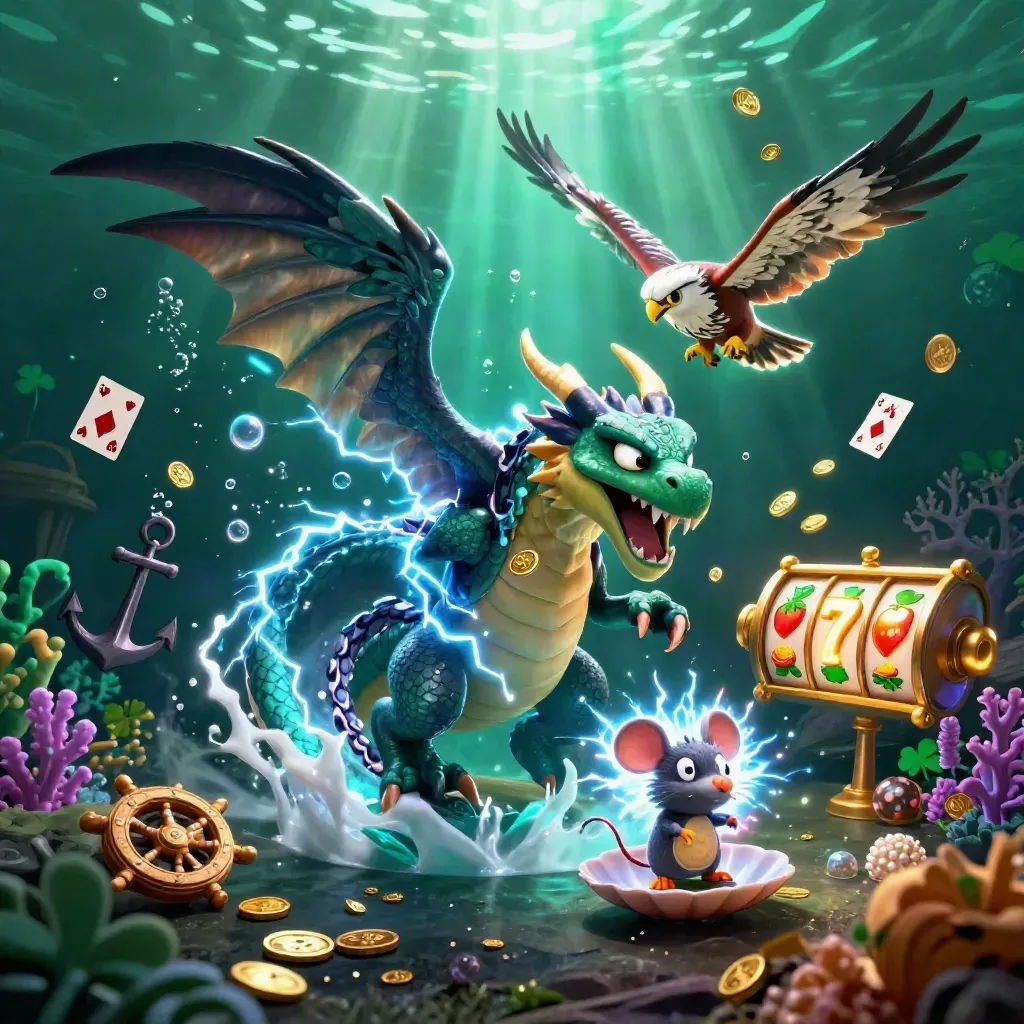 Thunder dragon, hawk and mouse amid a treasure-cove burst of gold, gems and glowing bubbles.