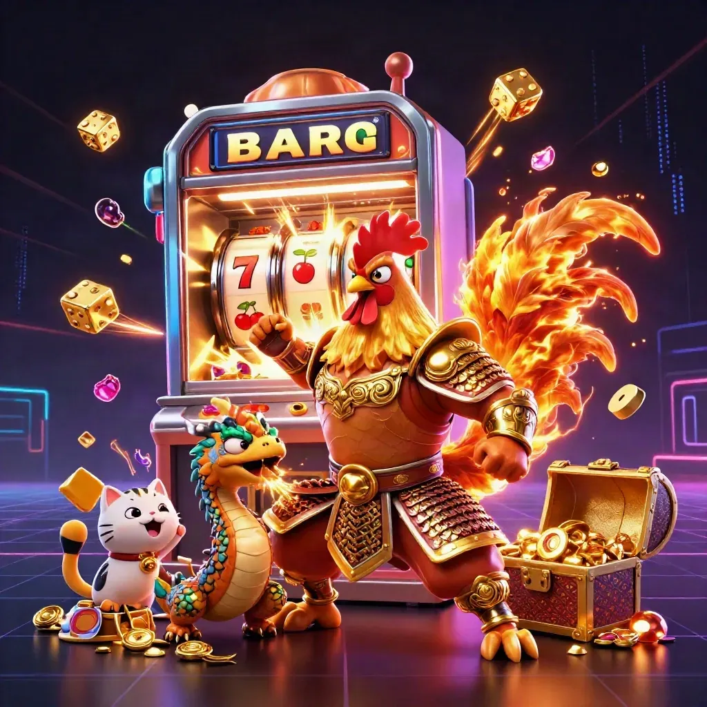 Rooster warrior, dragon hatchling and fortune cat amid exploding slot machine, gold and neon sparks.