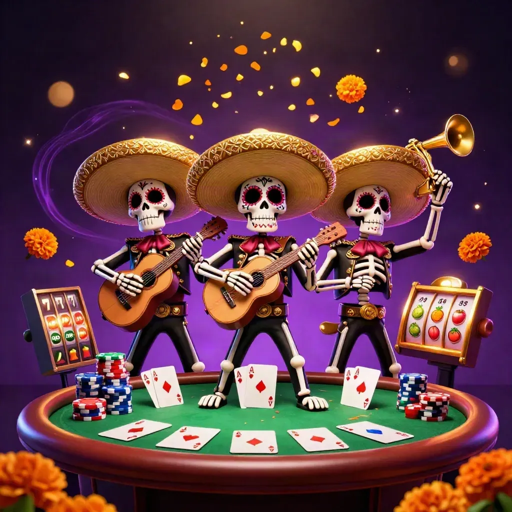 Skeleton mariachi trio amid poker chips, aces, reels, and gold casino lights on a purple-black cosmic backdrop