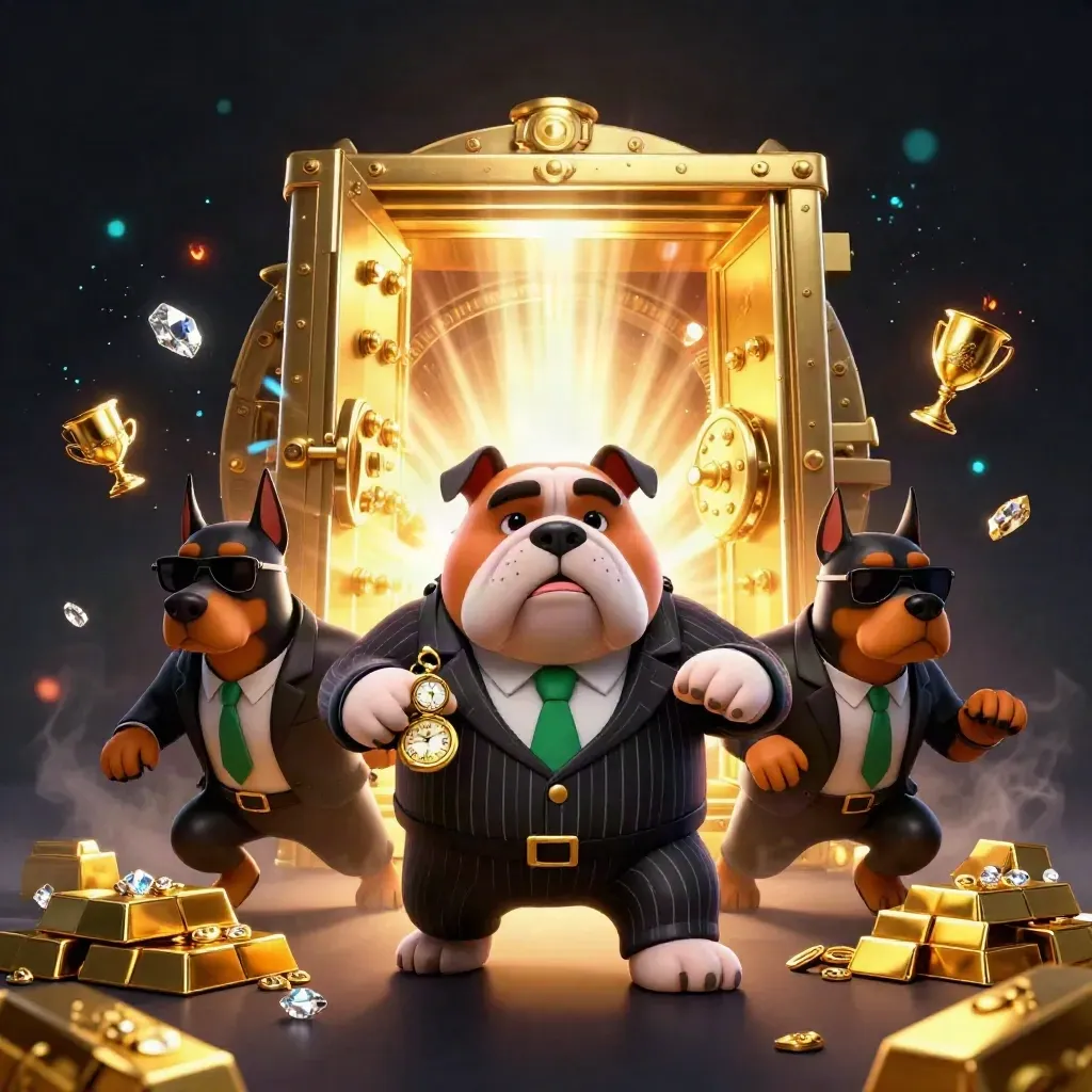 Bulldog crime boss with two Dobermans amid a vault blast, gold and gems flying in a dark casino glow.