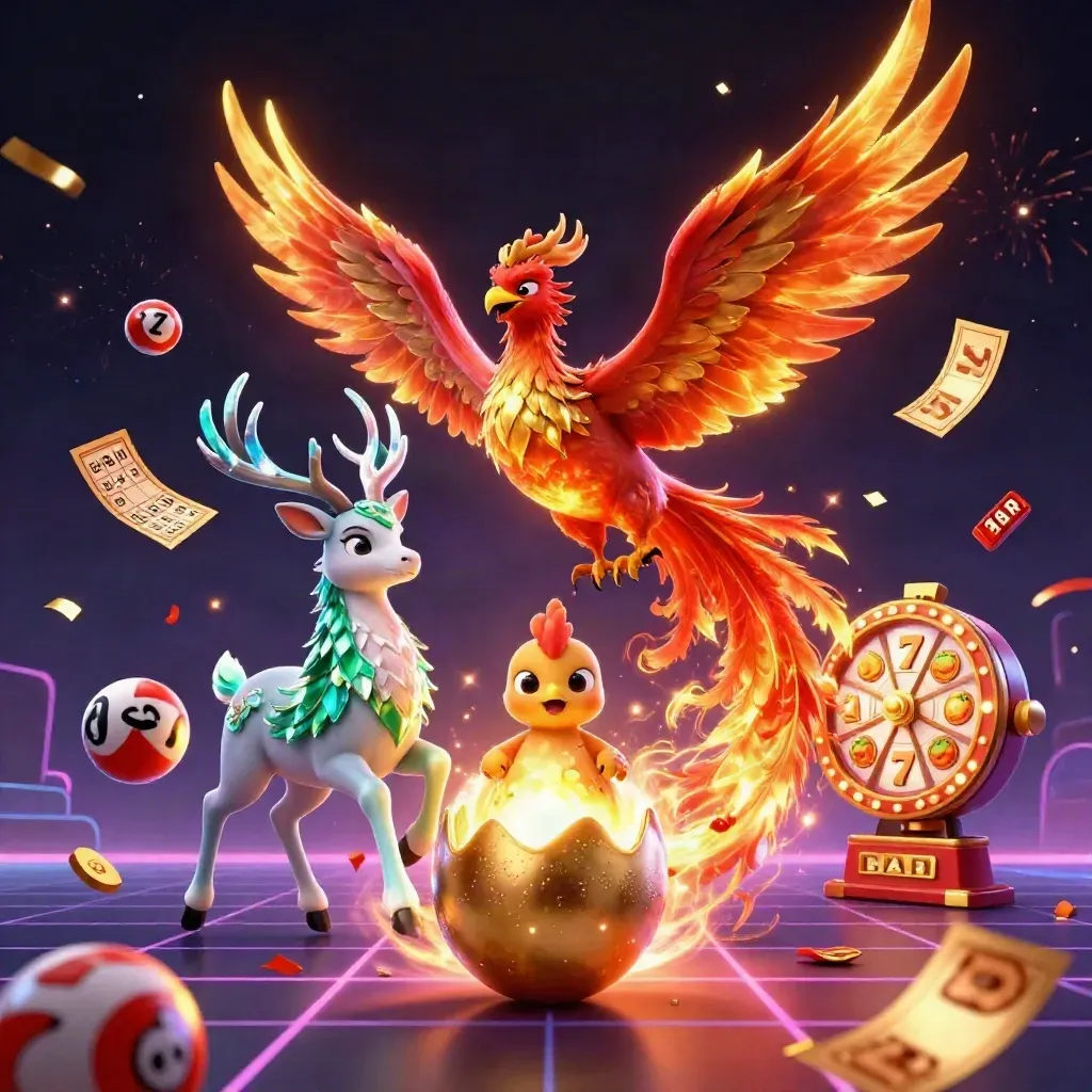 Phoenix, baby phoenix, and crystal stag amid gold casino icons, confetti, fireworks, and neon grid.