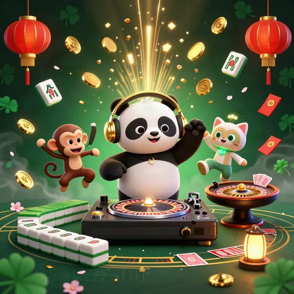 DJ panda, breakdancing monkey, and glow-stick kitten amid casino loot, fireworks, and jade coins