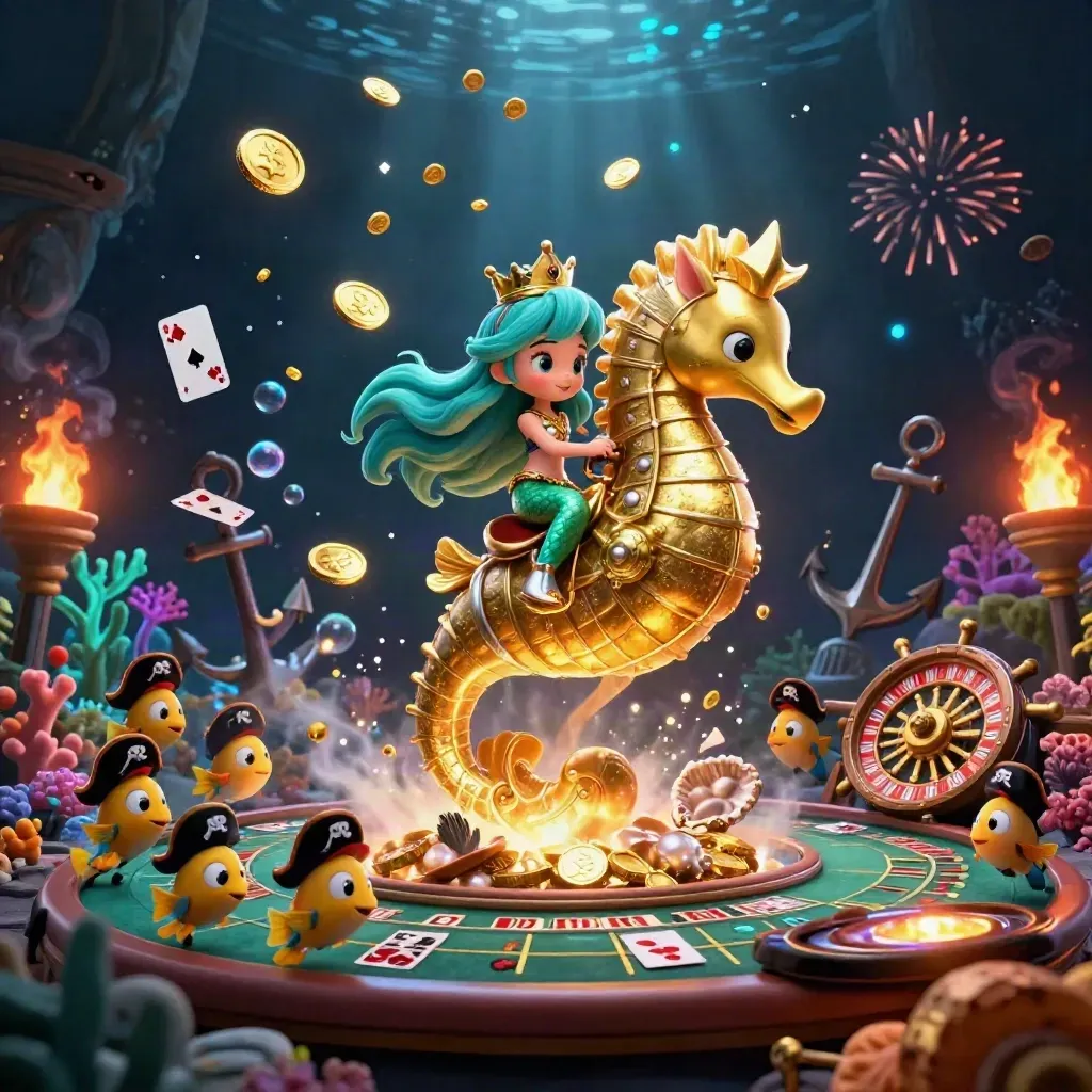 Mermaid princess rides armored seahorse amid coin shower, treasure, cards, and casino props underwater.