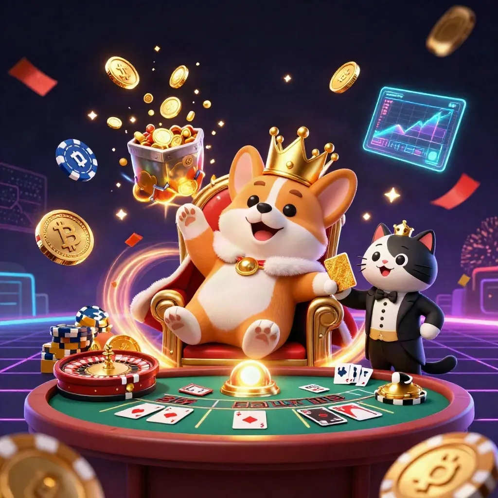 Royal corgi king and cat butler amid coins, cards, chips, fireworks, and neon casino effects.