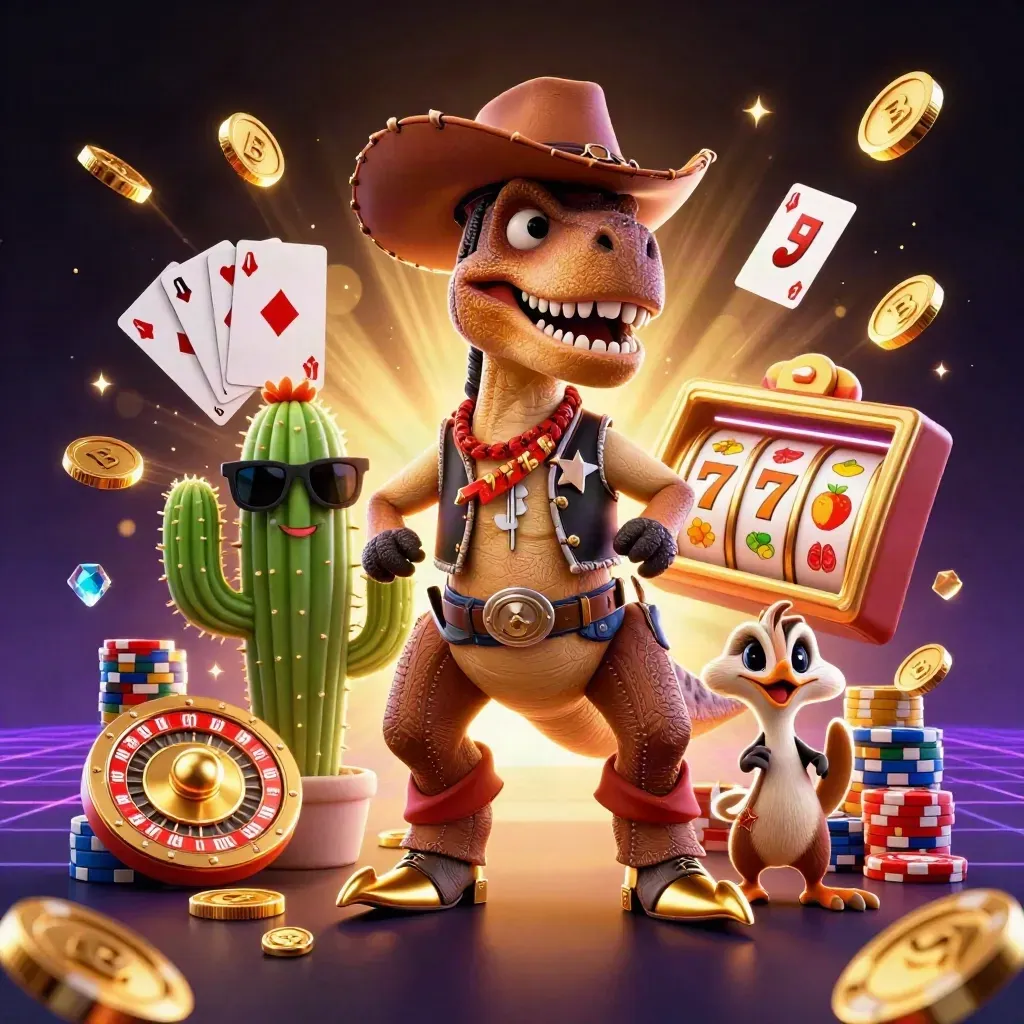 Cowboy T-Rex, cactus sidekick, and sheriff roadrunner amid casino reels, coins, chips, and cards