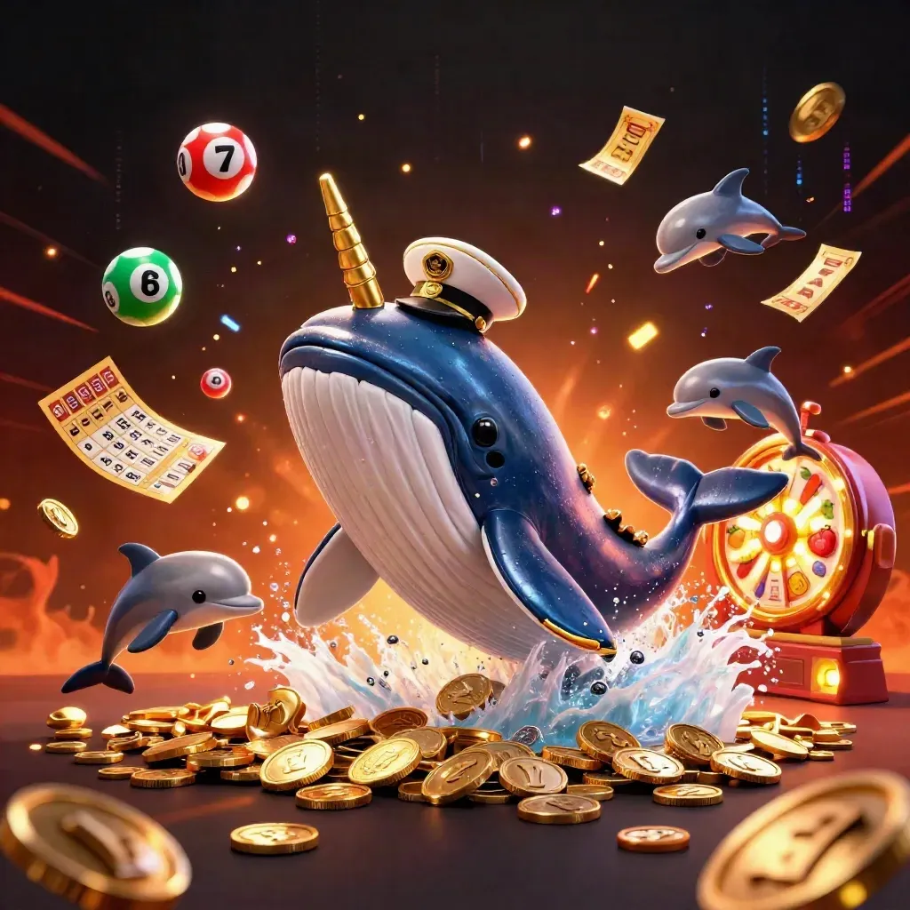 Captain whale, narwhal, and dolphins burst through coins with casino props in neon glow.