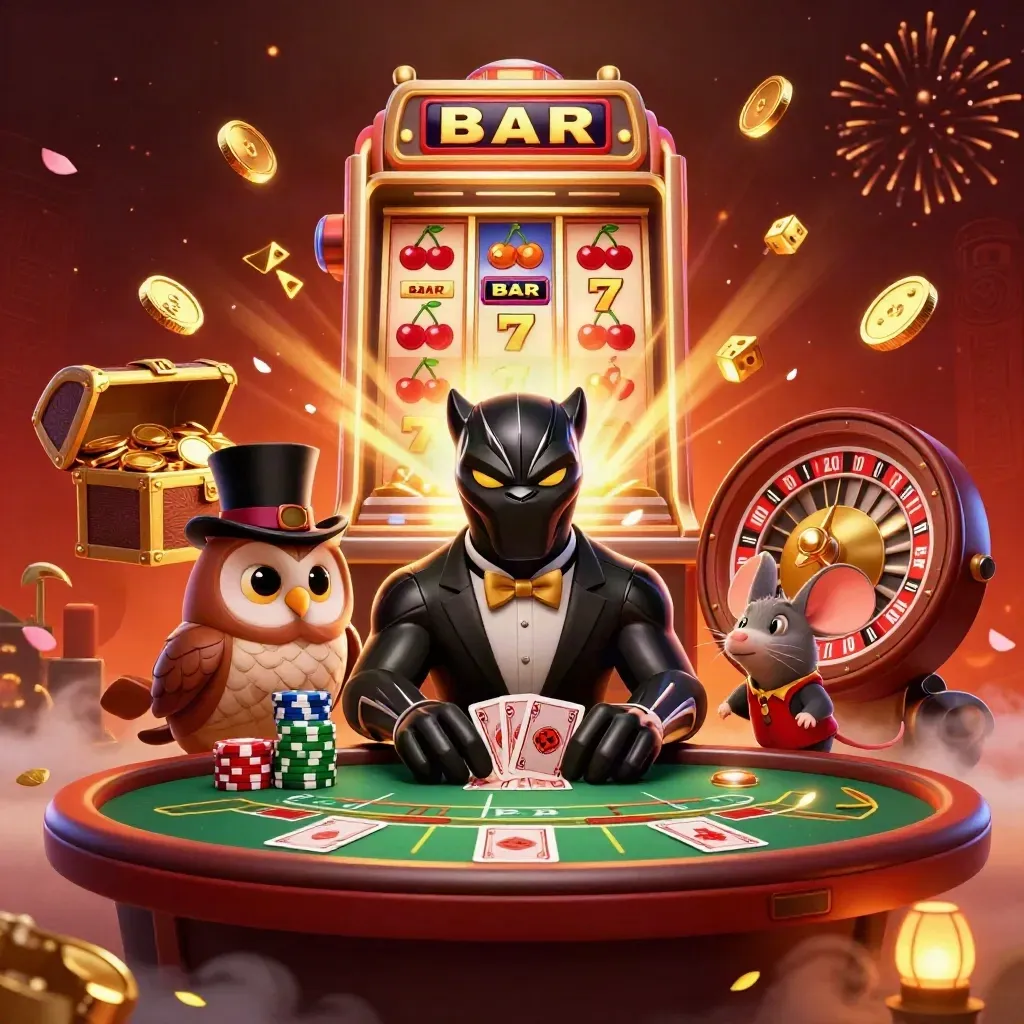 Panther, owl, and mouse amid jackpot burst, coins, slot symbols, fireworks, and casino glow