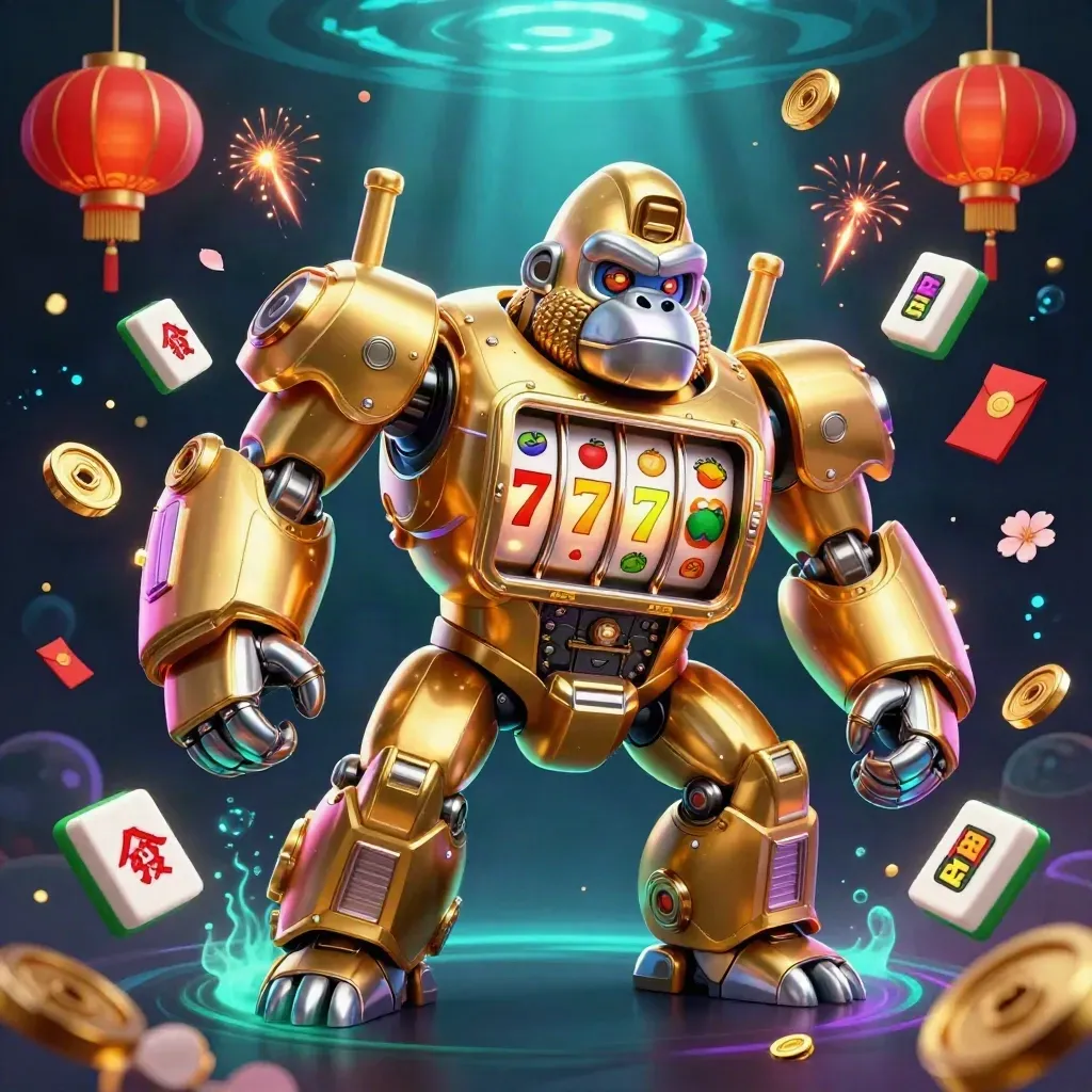 Golden gorilla slot mech with a tiny monkey pilot, surrounded by casino symbols and glowing effects.