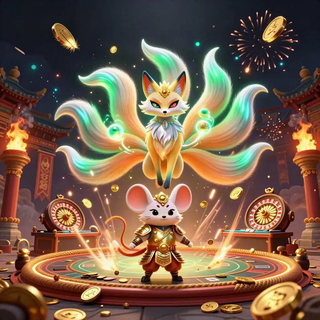 Fox spirit, armored mouse, vault coins, casino props, fireworks, and temple gate in a dark premium key art scene.