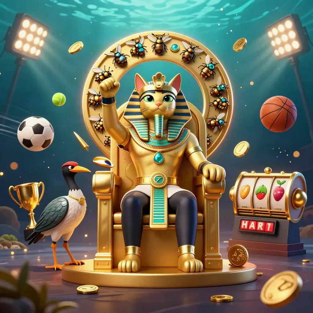 Pharaoh cat on throne with ibis and scarabs amid casino sports symbols and gold effects