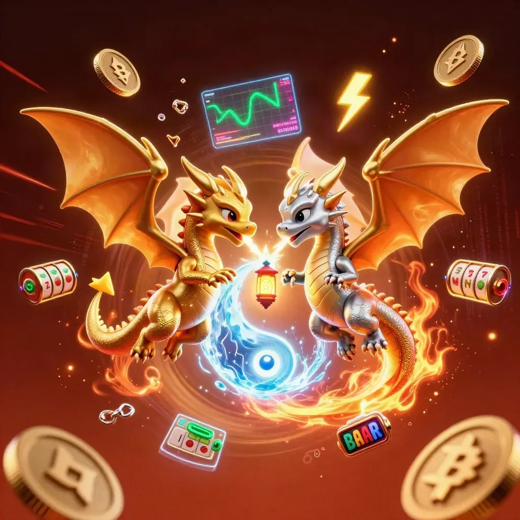 Gold and silver dragons swirl with coins, reels, and neon energy over a dark casino glow.