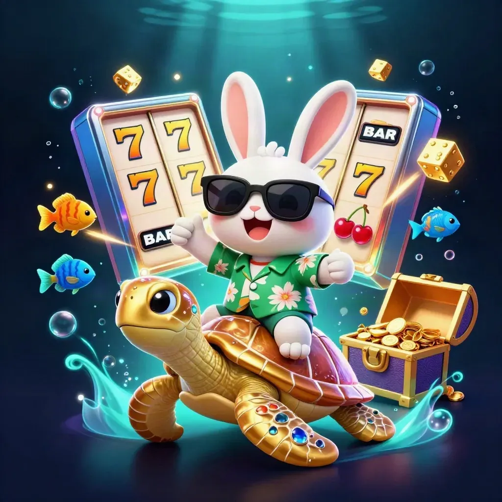 Lucky rabbit rides a golden sea turtle amid slot symbols, gold, and glowing underwater casino effects.